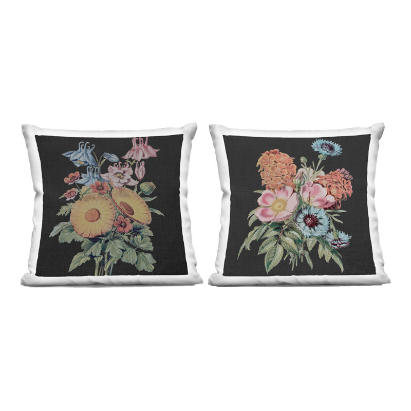Ensemble de coussins décoratifs imprimés colorés, bouquets de fleurs colorées sur fond noir, par Dan Meneely, 18 x 7 x 18
