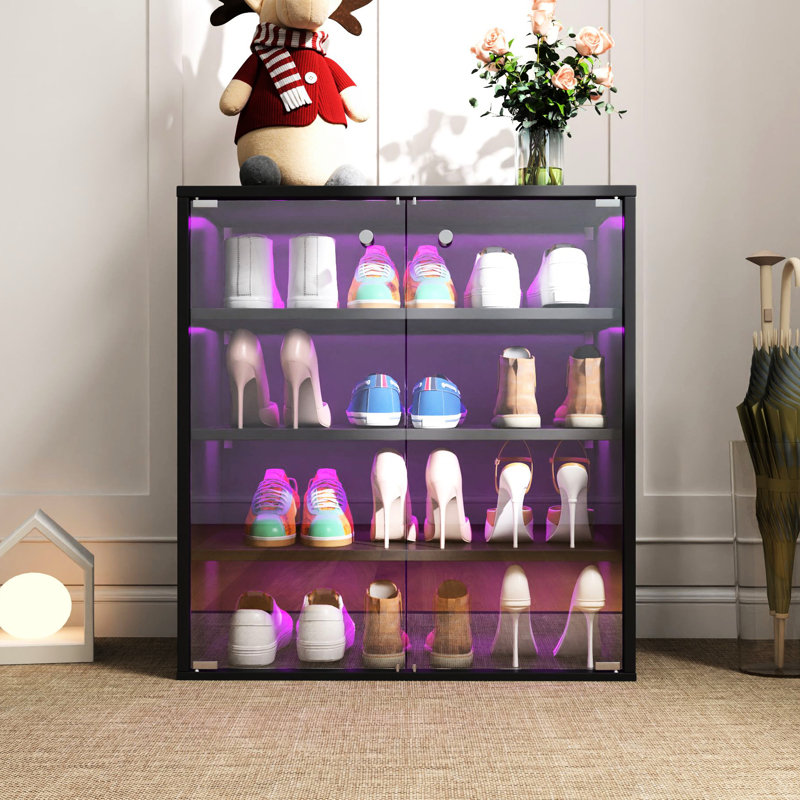 Rangement pour chaussures avec fonction de changement de couleur à DEL - Boîte en bois empilable à 4 niveaux pour porte espadrilles et présentoir de qualité