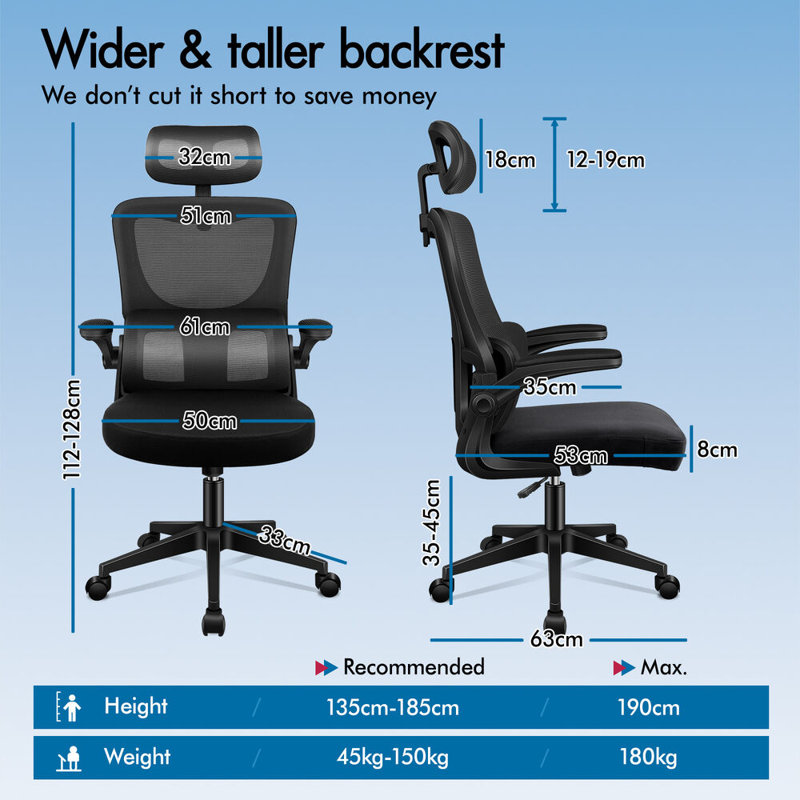 Office Chair with Headrest, Black, Black