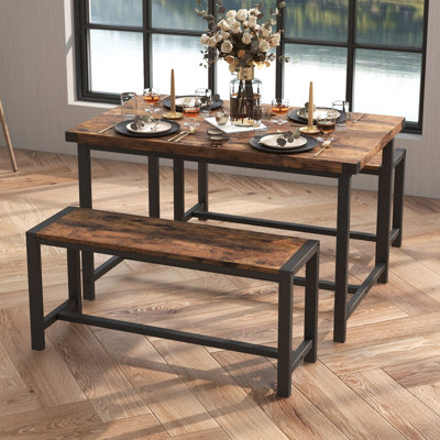 Ensemble de table de salle à manger 3 pièces pour 4 personnes, table de salle à manger avec 2 bancs robustes, structure en métal et panneau de fibres à densité moyenne pour petit espace, appartement et studio