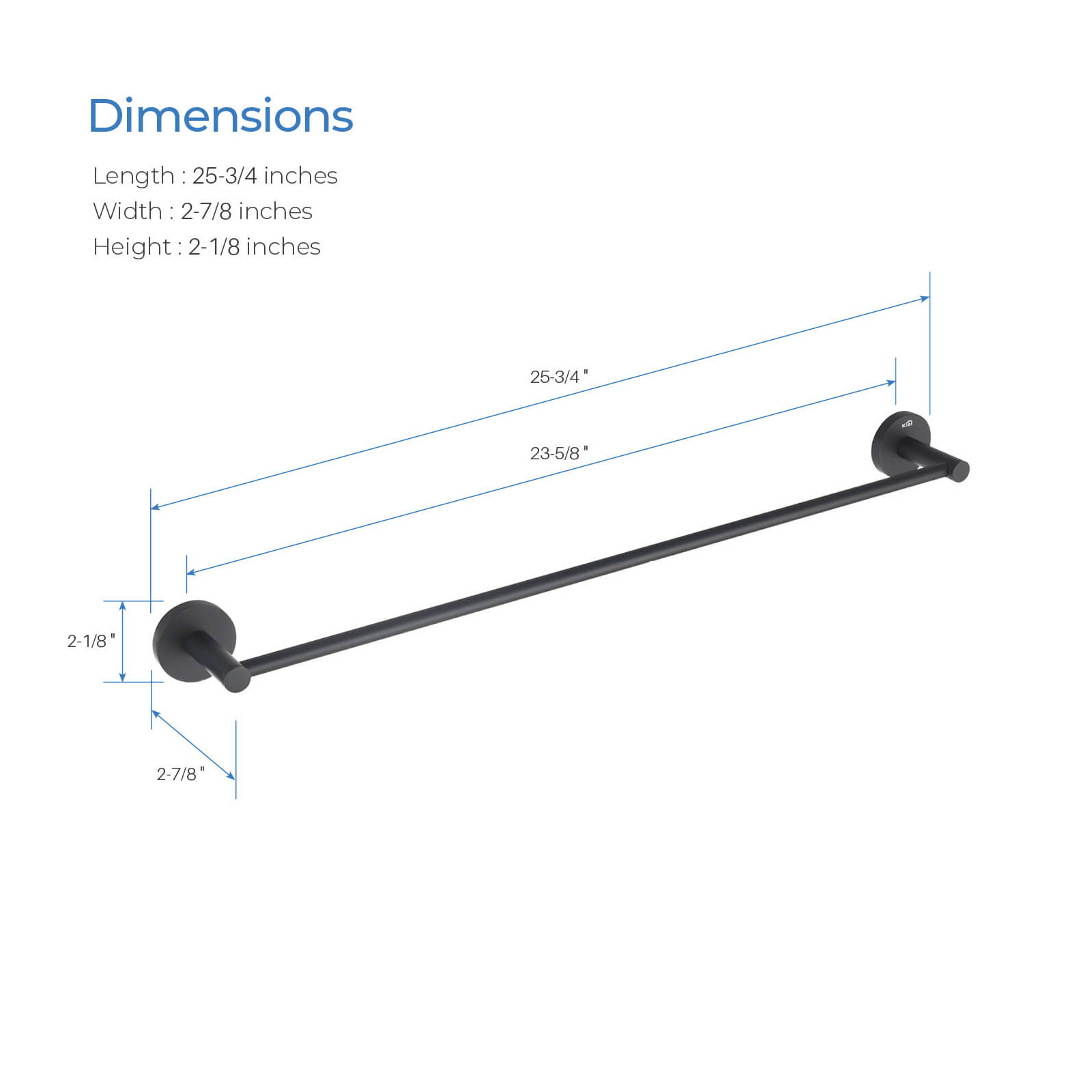 Wall Mounted Towel Bar, Matte Black, 2.13" H x 24" W x 2.88" D