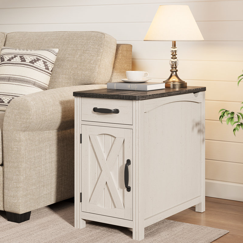 Table de bout haute de 23,5 po avec station de chargement et de rangement Analiesa, Plateau noir / base blanche