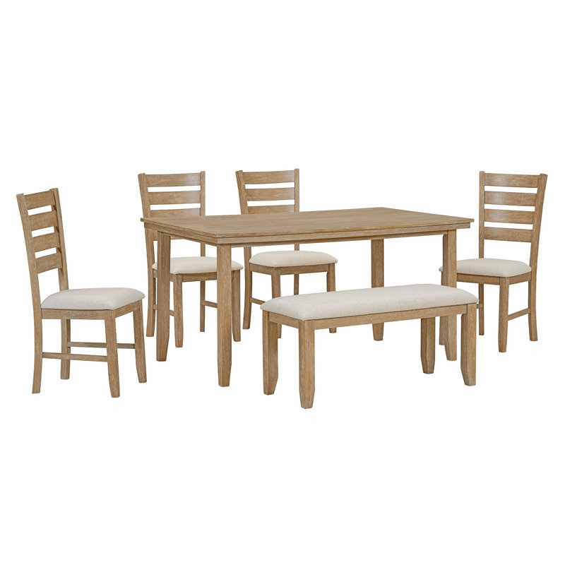 Table et chaises de salle à manger avec banc, ensemble de salle à manger en bois rustique, ensemble de 6, Beige, Naturel