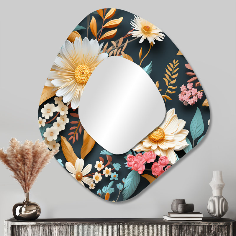 Pastel Bohemian Boho Pattern I - Floral Irregular Shape Decorative Mirror, Cottage Asymmetrical Wall Mirror, Printed Metal Art