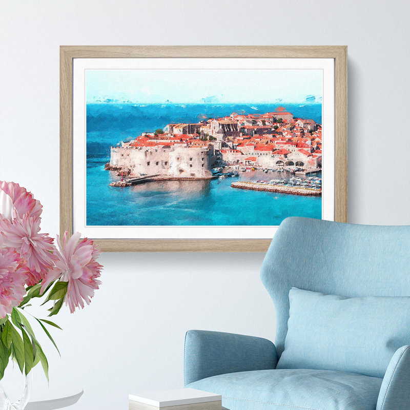 Ancient City Walls Of Dubrovnik In Croatia - Single Picture Frame Painting, 24cm H x 33cm W x 2cm D, Oak Framed