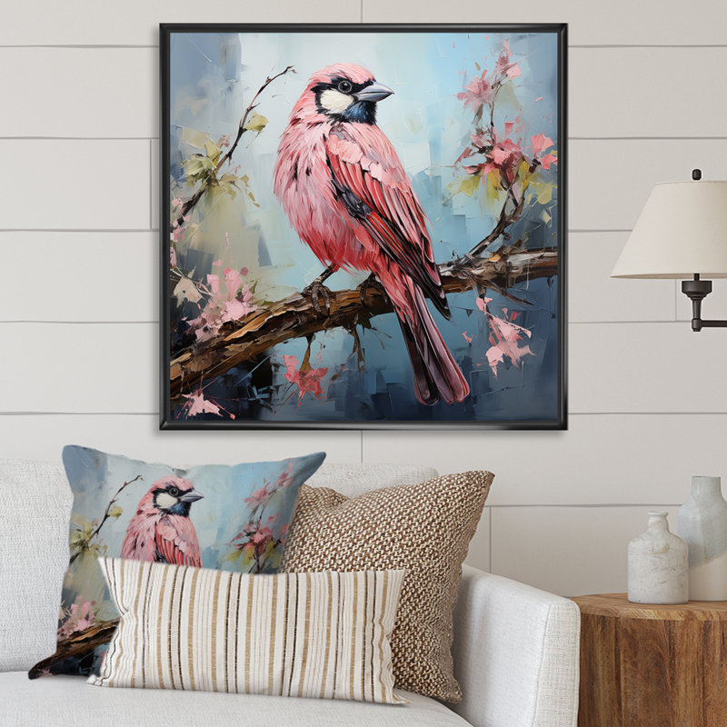«Blue and Pink Bird Floral Tree», art mural oiseau, H 16 po x l 16 po x P 1 po, Cadre flottant noir