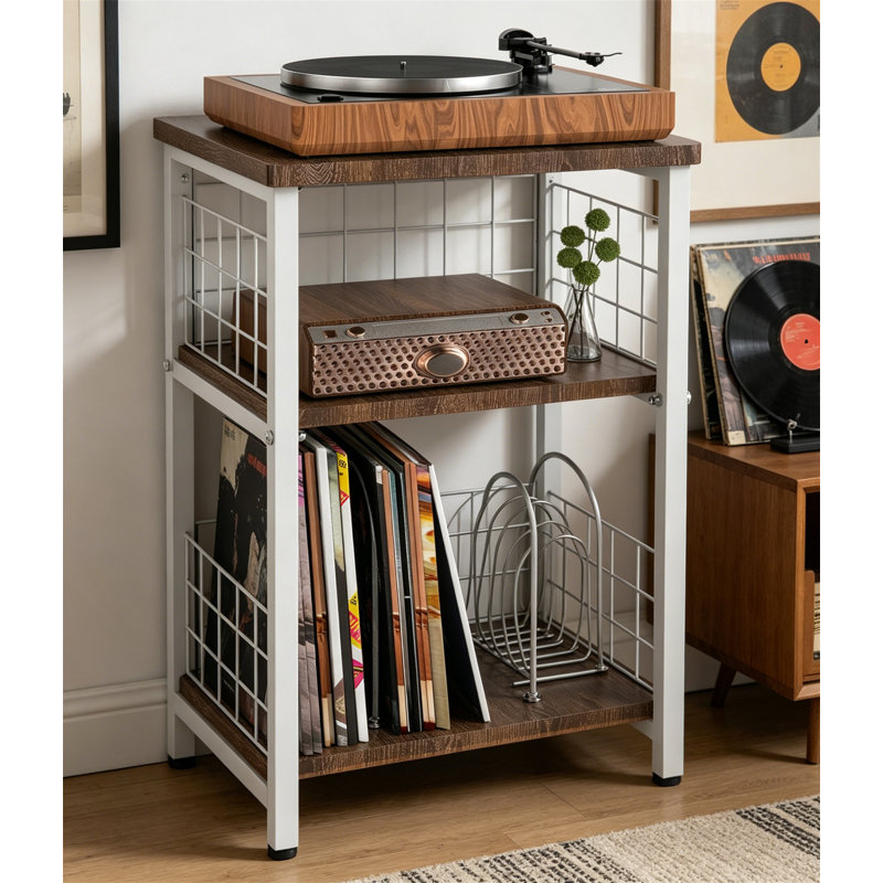 3 Tier End Table with Wire Mesh Record Storage, Turntable Stand Holds 100 Albums, White