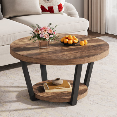 31.5" Round Coffee Table, 2-Tier Industrial Coffee Table with Storage Shelf, Gray Wood Top with Black Metal Frame, Living Room Center Table