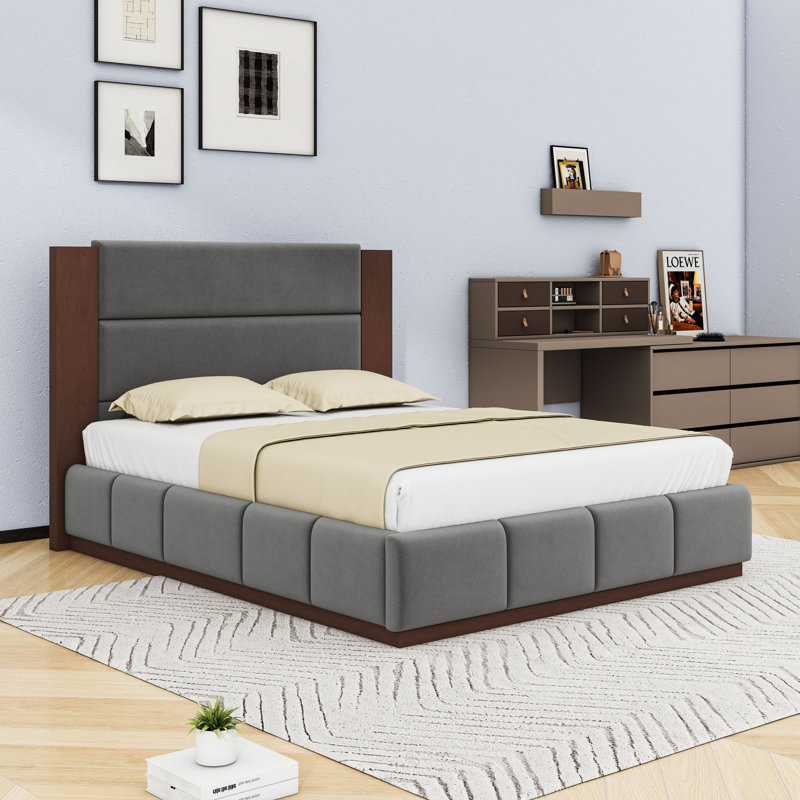 Lit plateforme tapissier avec tête de lit et base en bois robuste, Gris, Grand lit