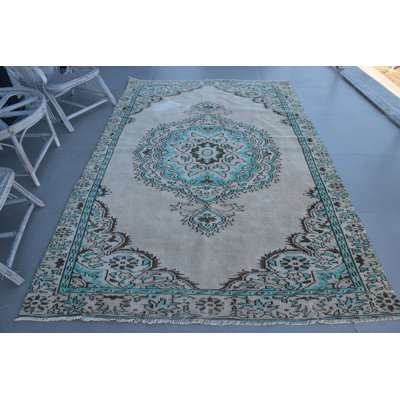 Tapis turc bleu et beige fabriqué à la main à motif floral traditionnel pour décoration intérieure rétro