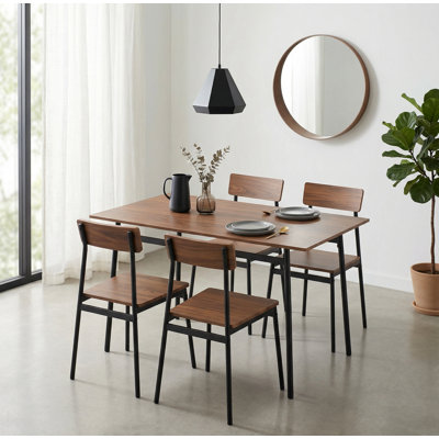 5-piece Modern Wood & Metal Dining Room Set, Seats 4 For Indoor, Walnut Color