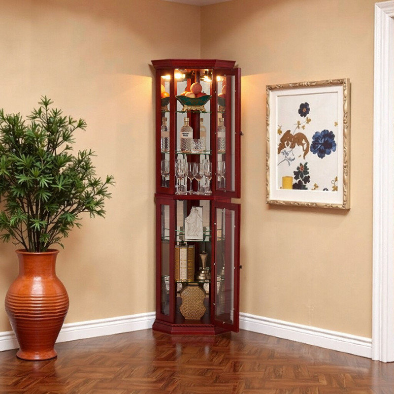 Glass Display Cabinet with Tempered Glass Doors, Adjustable Shelves & LED Lighting for Home Bar or Collectibles, Cherry