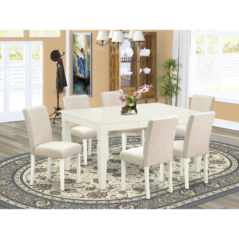 Ensemble de salle à manger 7 pièces composé d'une table de salle à manger rectangulaire avec feuille papillon et 6 chaises rembourrées en tissu de lin beige clair, lin blanc