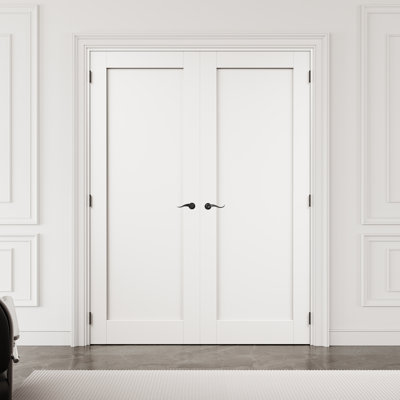64" x 80" Full Panel Interior French Door with Black Hardware & Latch & Door Lever, Solid Core Door Slab, Paintable & Waterproof, Suit for Laundry, Closet Doors, Room Doors, Assembly Required