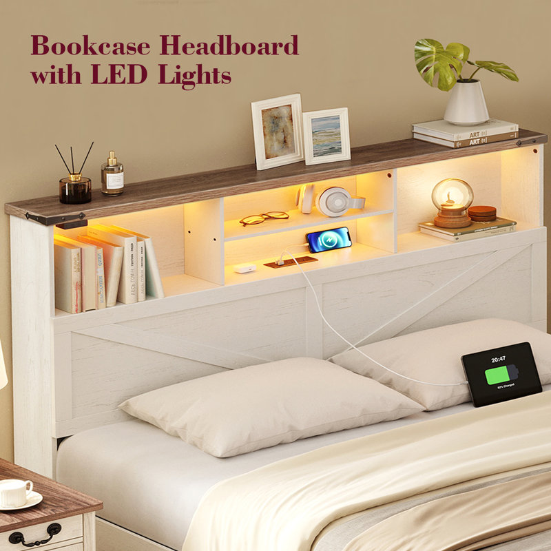 Farmhouse Full Size Bed Frame with Storage, High Headboard with Charging Station and LED Light, Noise Free, Easy Assembly