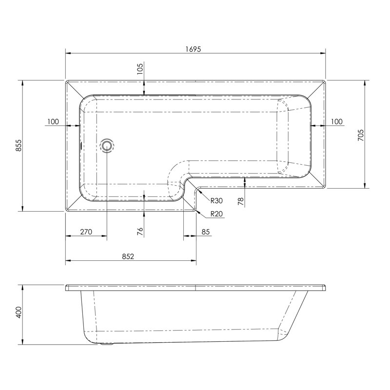1700mm x 850mm Soaking Acrylic Bathtub, Left Hand