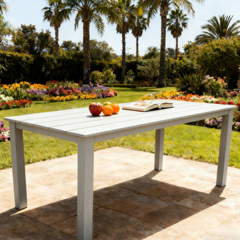 Table en bois gris texturé, 175 cm de long, matériau HIPS, design minimaliste, trou pour parasol, utilisable à l'intérieur et à l'extérieur.