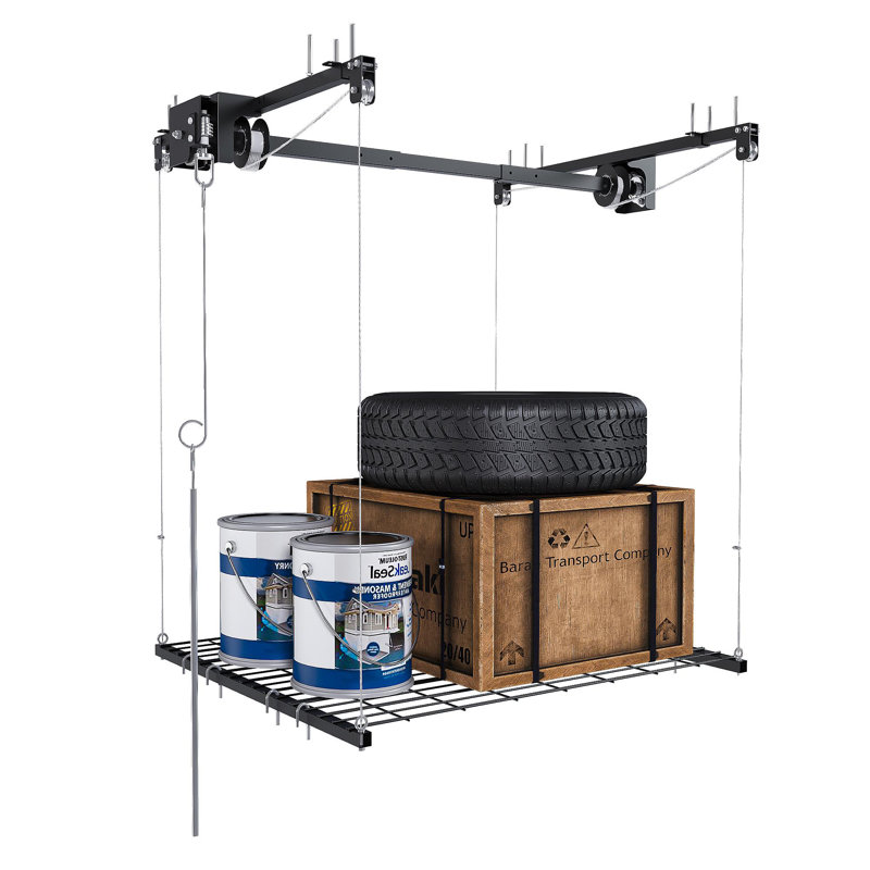 Support de rangement pour garage suspendu 4 pi x 4 pi pour plafonds hauts de 10 à 12 pi, fabrication entièrement en acier d'une capacité de 250 lb avec verrou de sécurité (installation requise, organisateur de garage robuste)