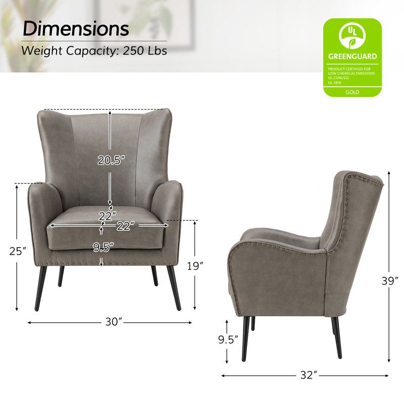 Fauteuil à oreilles en similicuir avec garniture cloutée 30 po Ebbert, Similicuir gris caillou gris