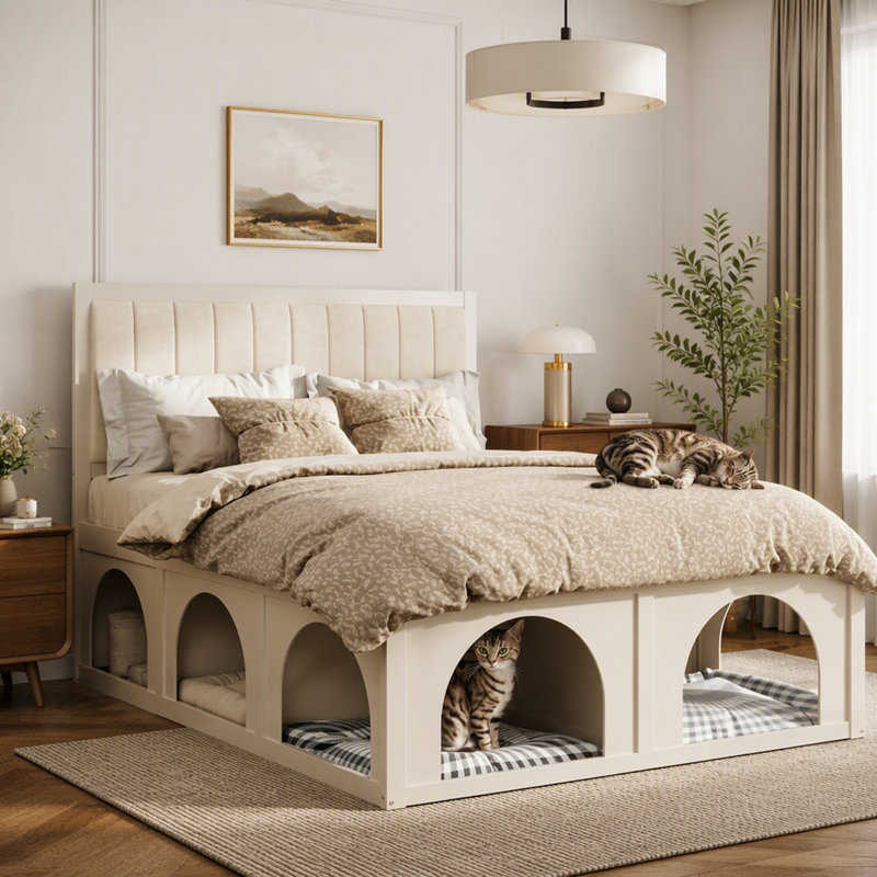 Lit plateforme adapté aux animaux de compagnie avec niche de rangement sous le lit, cadre robuste et revêtement., Grand lit