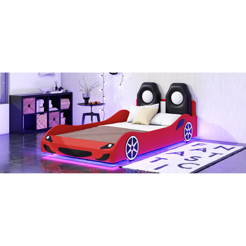 Lit plateforme simple pour voiture de course avec accents à DEL et support dorsal confortable, rouge, confortable et rembourré