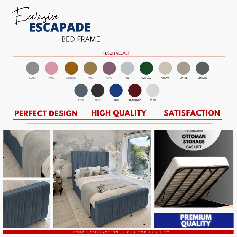 Monai Bed - Wingback Ottoman Storage with Plush Velvet Gas Lift and Headboard, Steel