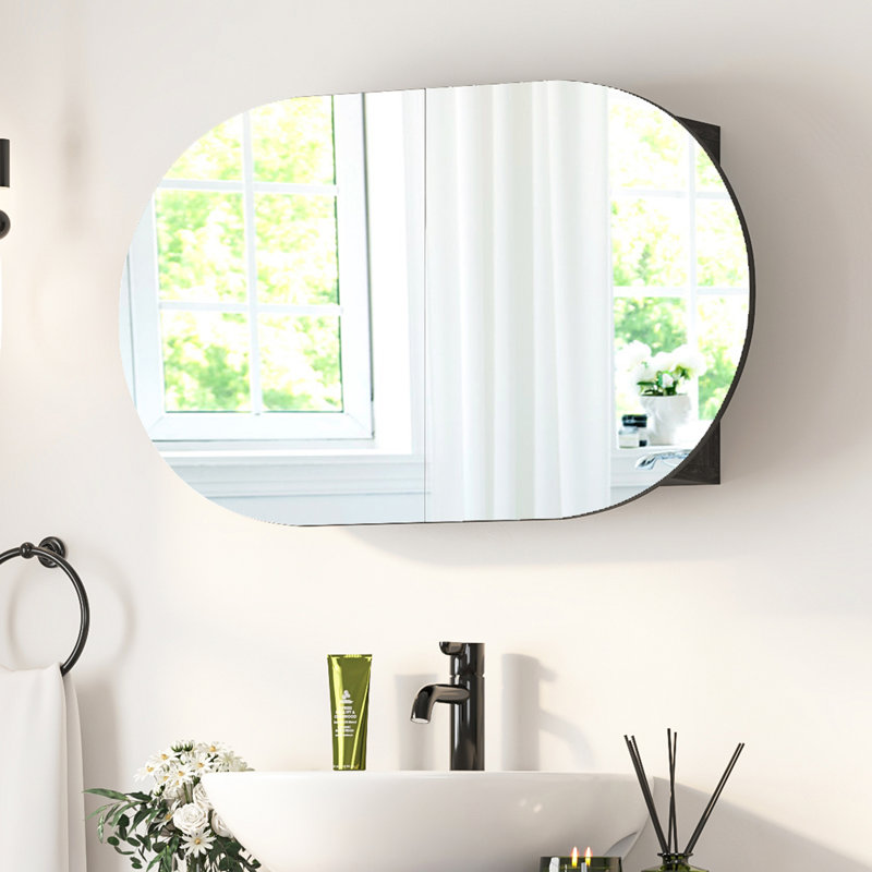 Soini Oval Bathroom Mirror Cabinet, 2 Door Wall Mounted Medicine Cabinet, Black, 60cm H x 66cm W x 11.5cm D
