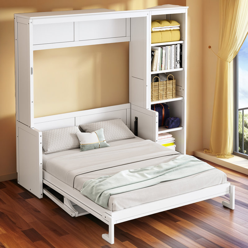 Lit escamotable double avec bureau et lit escamotable peu encombrant avec bibliothèque et capacité de 600 lb, Blanc
