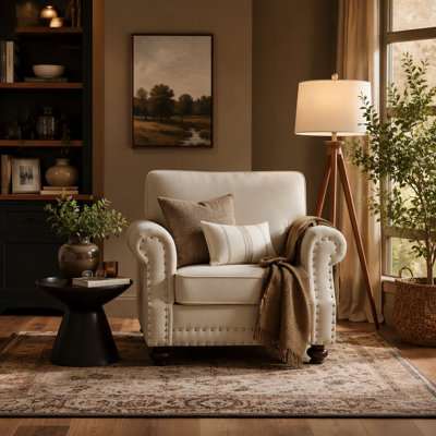 Classic Nailhead Trim Velvet Accent Chair with Solid Wood Turned Legs, Traditional Upholstered Armchair for Living Room