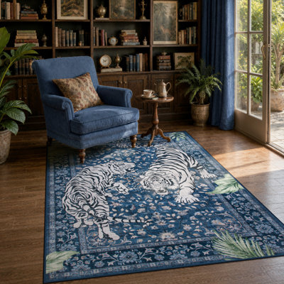 Tapis lavable vintage Goldene Oriental Tiger - tapis en cachemire doux pour le salon, la chambre à coucher ou le bureau
