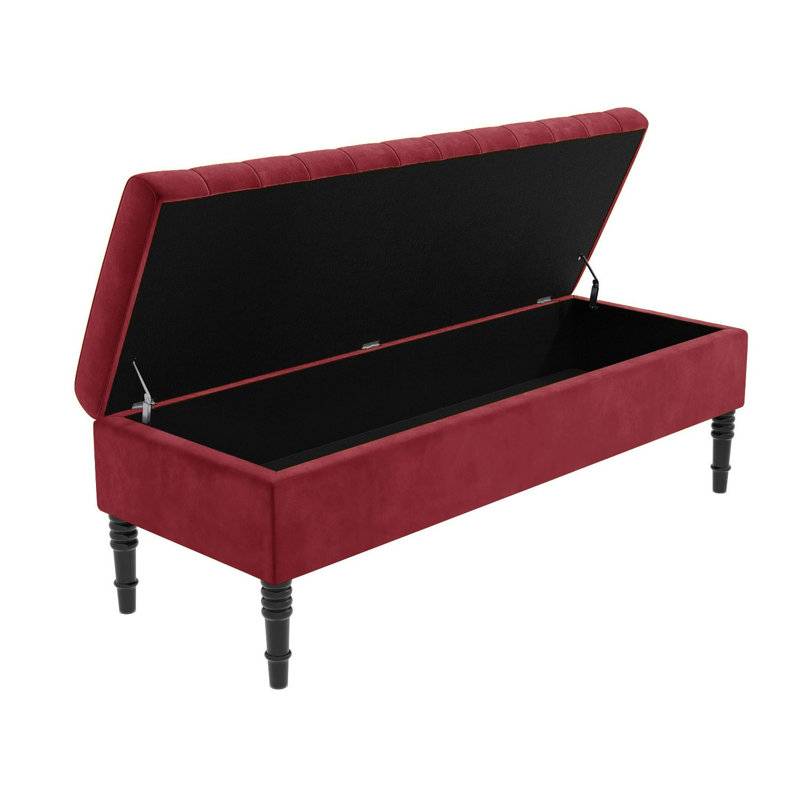 Safar Striped Ottoman Storage Bench – Upholstery Plush Velvet Shoe Bench with Black Turned Wooden Legs, Claret Red
