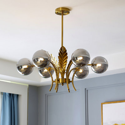 White Glass Post Modern Led Chandelier With Leaf Deco In Brass