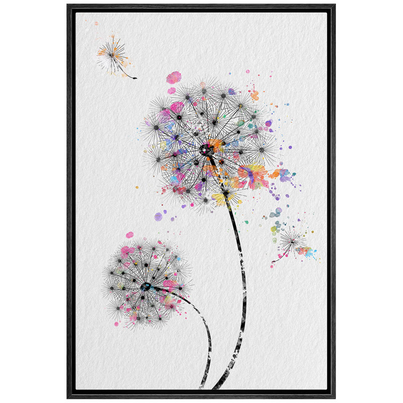 Dandelions with Multicolor Paint Dots Plants Illustrations Minimalism Rustic Living Room Decor, Black, 24" H x 16" W