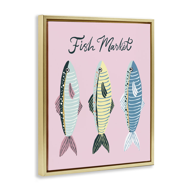 Cadre flottant Quirky Coastal Fish Market, design par Hey Bre! Creative Studio, Cadre flottant métallique doré
