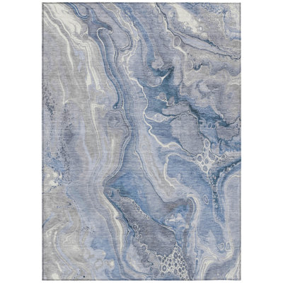 5' X 8' Denim Blue And Ivory Abstract Washable Indoor Outdoor Area Rug