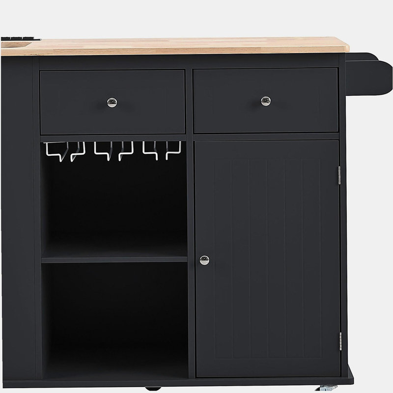 Avec îlot de cuisine avec prise de courant, avec couvercle rabattable et îlot de rangement en bois d'hévéa, support de rangement ouvert et porte-bouteilles de vin, 5 roues, rangement réglable, convient à la famille, à la cuisine et au restaurant, noir