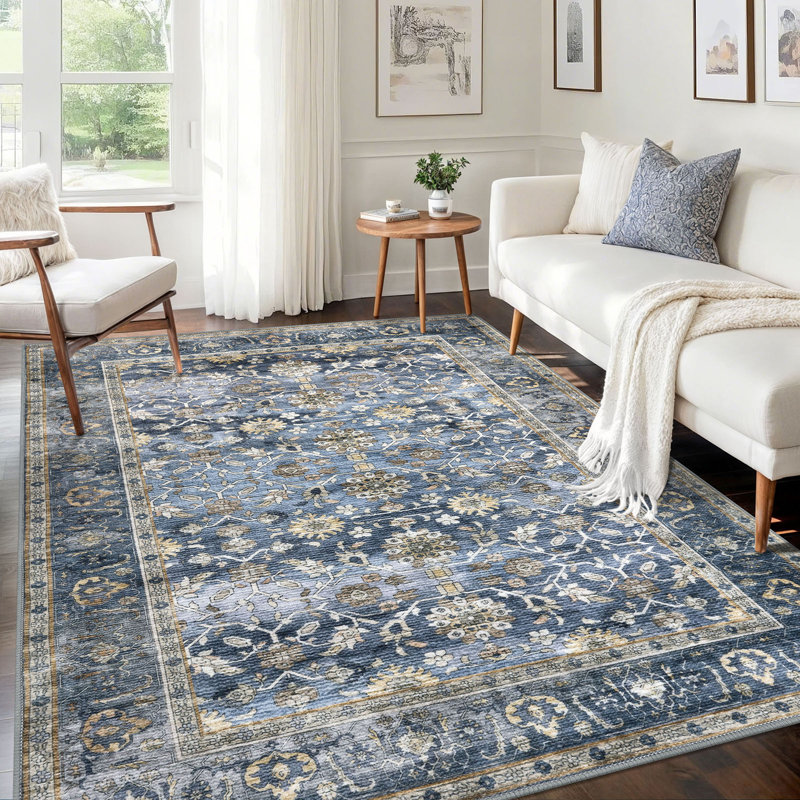 Area Rug Machine Washable Rug Oriental Indoor Rugs with Non-Slip Backing, Rectangle 5' x 7', Blue/Gray/Beige