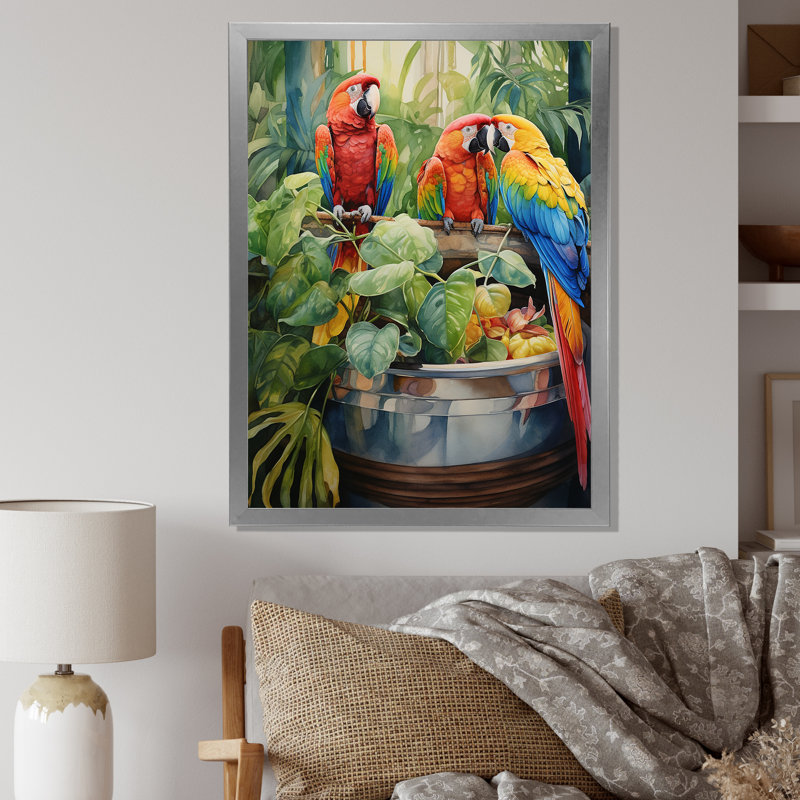 «Red Parrot Jungle Paradise I», art mural perroquet, Cadre simple argenté, H 32 po x l 16 po x P 1 po