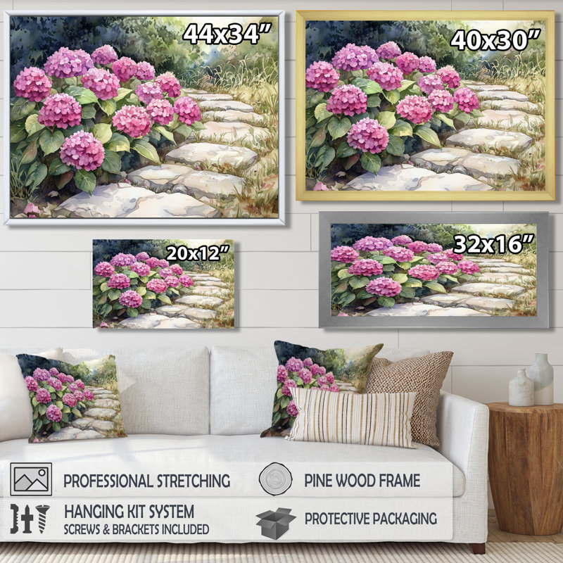 «Ikeni Hydrangeas By The Stone Path III - Hydrangea», art mural sur toile, H 12 po x l 20 po, Picture Framed Print, Or