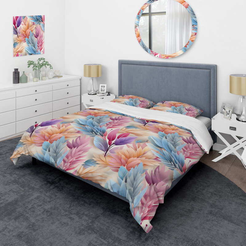 Motif de fougères bohémiennes roses et bleues - Ensemble de housse de couette floral - Polyester microfibre