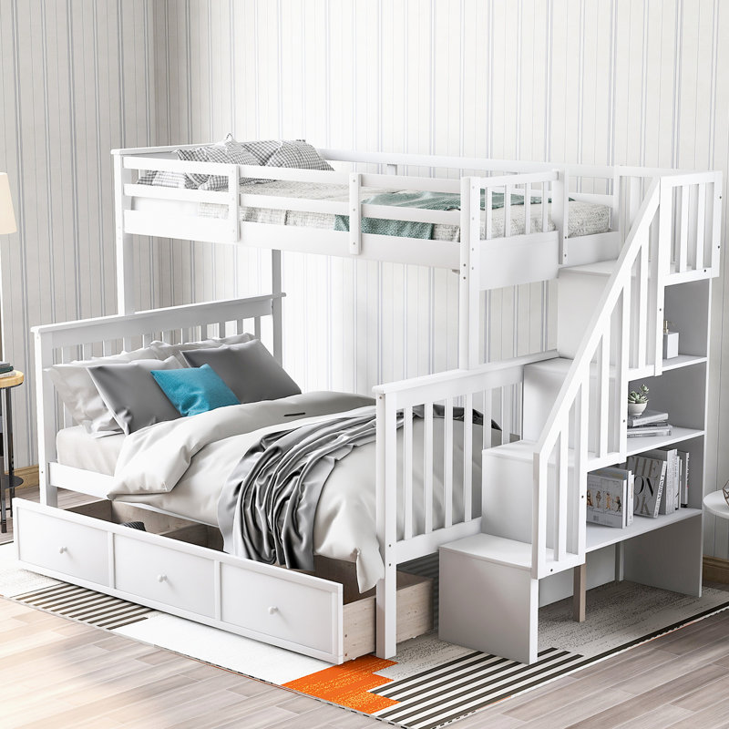 Lit superposé couleur avec escalier avec rangement pour tiroirs, robuste pour la chambre à coucher et les dortoirs, convient à tous les Bois massif. Rangement. Escaliers sécuritaires. Polyvalent ou à la maison