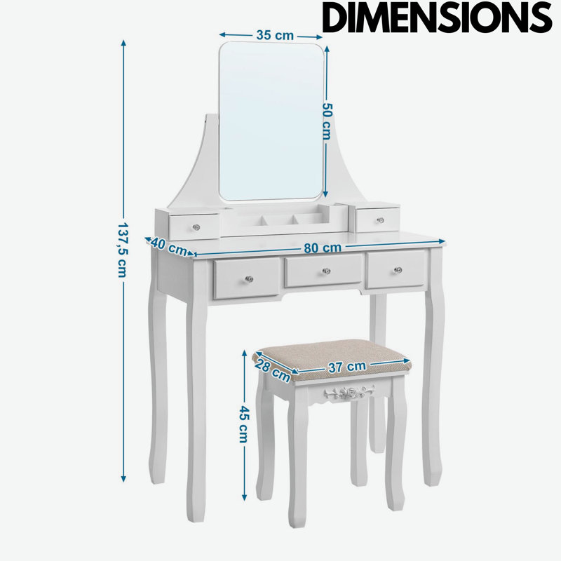 Rhodell Dressing Table with Mirror & Stool White Bedroom Dresser