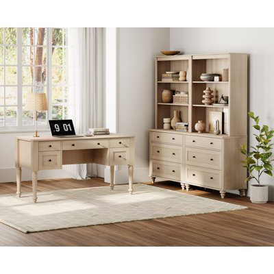 2 Piece Office Set, 56" Executive Desk & Set Of 2 Bookcases With Drawers, Beige