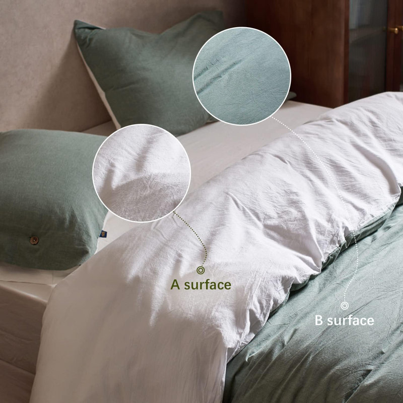 Ensemble de housse de couette réversible en coton délavé 3 pièces, Housse de couette grand et 2 taies d'oreiller, Vert