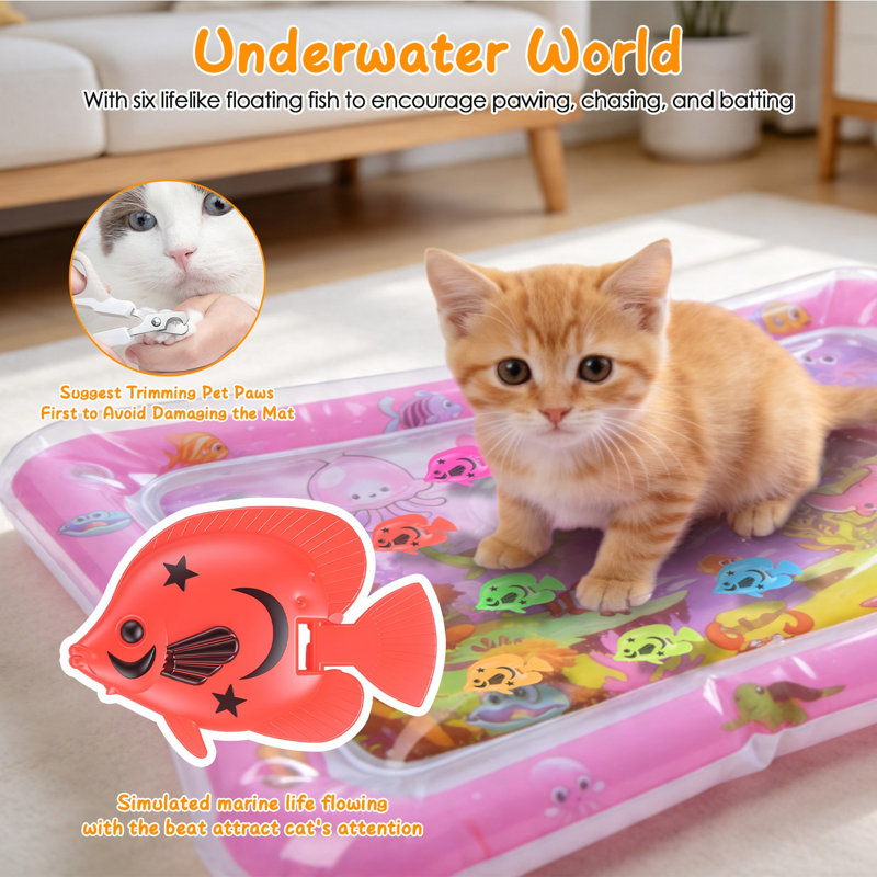 Tapis de jeu interactif avec capteur d'eau pour chat, tapis en PVC épaississant à changement de couleur à DEL avec jouets flottants pour poissons