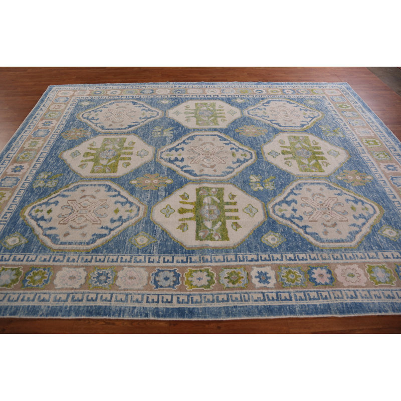 Tapis bleu géométrique en laine à teinture Oushak 8 x 11