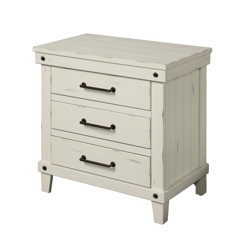 Table de chevet blanche avec 3 tiroirs et tablettes, structure en bois massif 3 en blanc, faite pour un look polyvalent