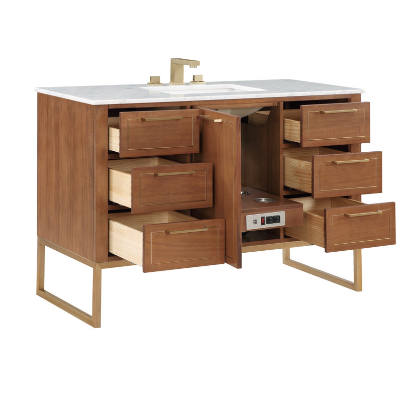 Markham 48'' W Single Vanity, Satin Brass, Carara Marble, Walnut