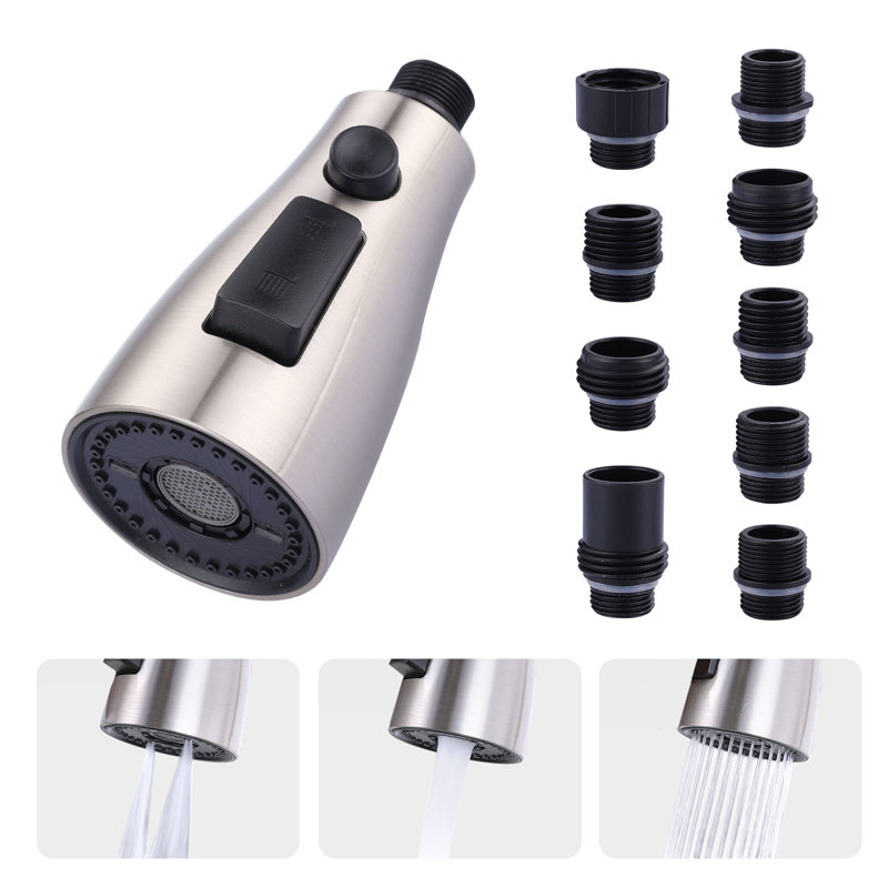 Brushed Nickel 3-Function Kitchen Faucet Spray Head with 9 Adapters