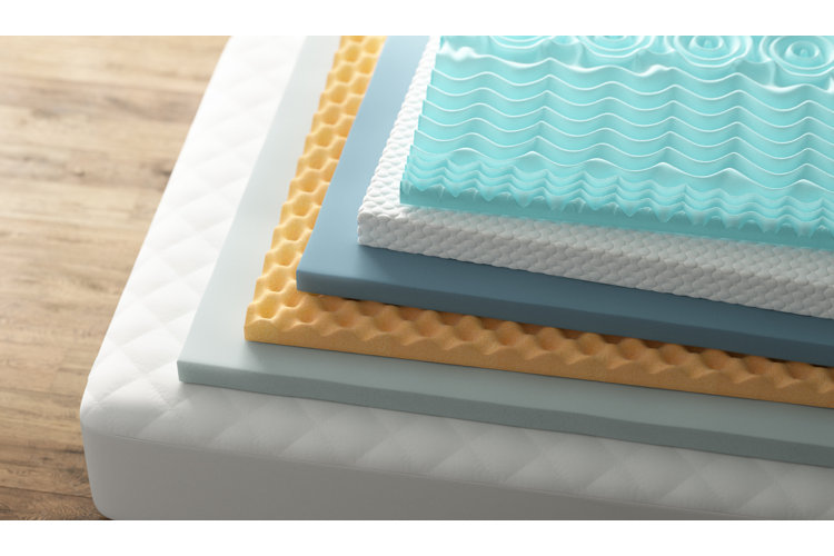 gray and white bedroom with bed and mattress layers exposed